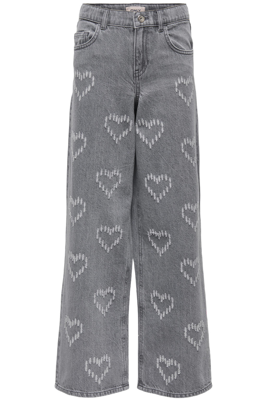 Grey denim meisjes KIDS ONLY GIRL high waist wide leg jeans van denim met rits- en knoopsluiting en hartjesprint