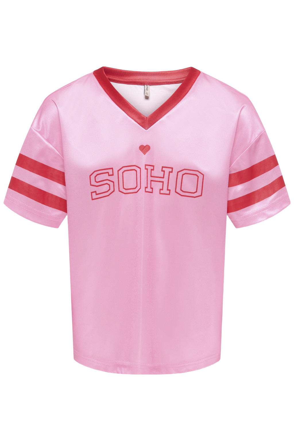 Lichtroze en rode meisjes KIDS ONLY GIRL T-shirt van polyester met printopdruk, korte mouwen en V-hals
