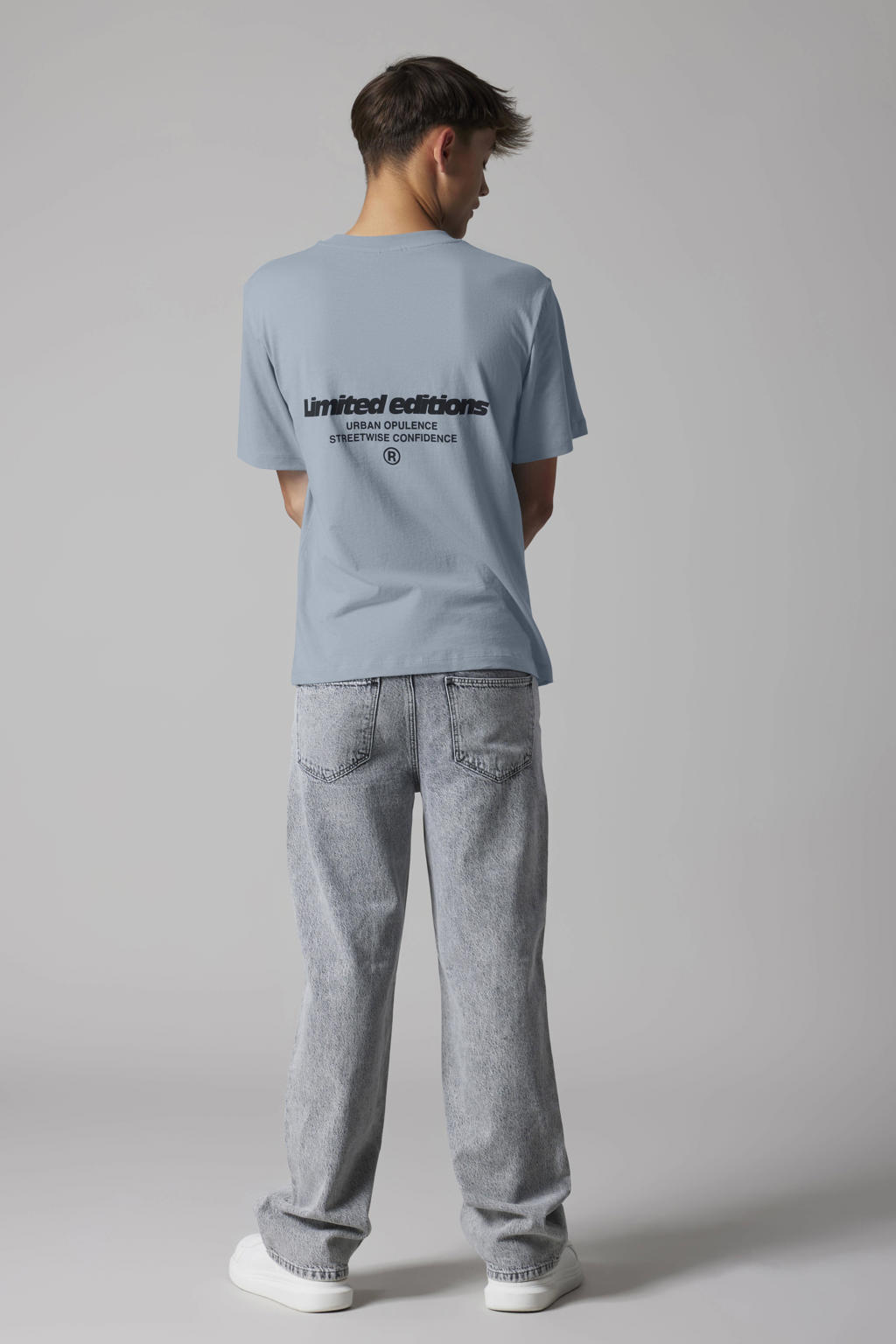 Grijsblauwe jongens en meisjes LMTD T-shirt van katoen met backprint, korte mouwen en ronde hals
