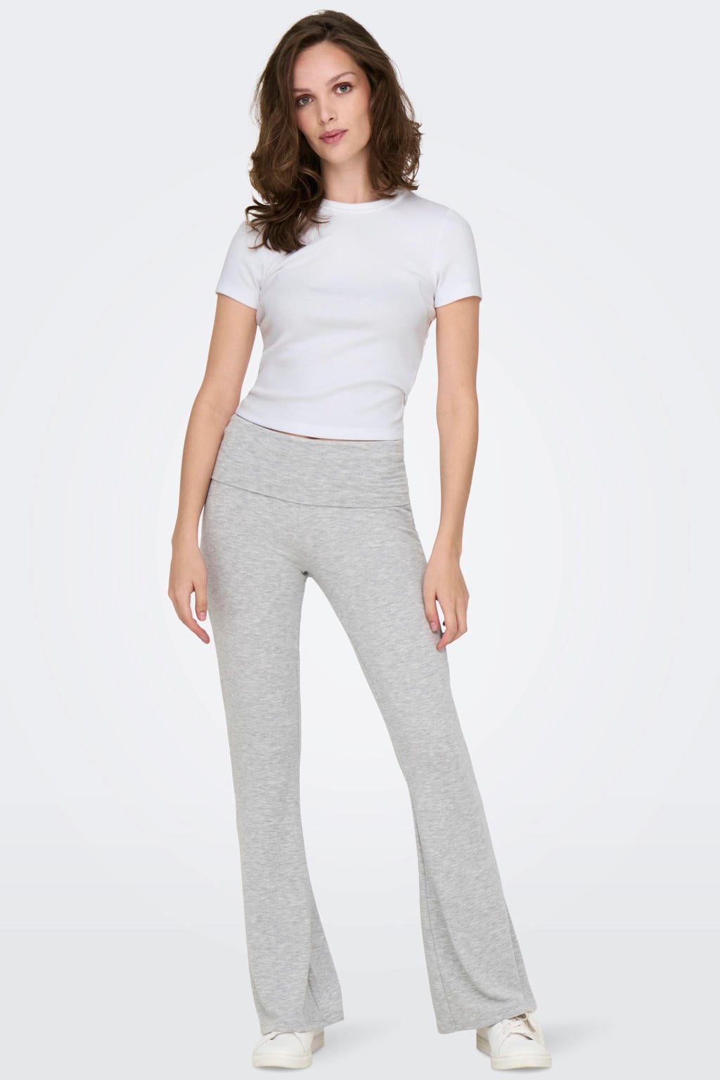 Witte dames ONLY T-shirt van katoen met effen, korte mouwen en ronde hals