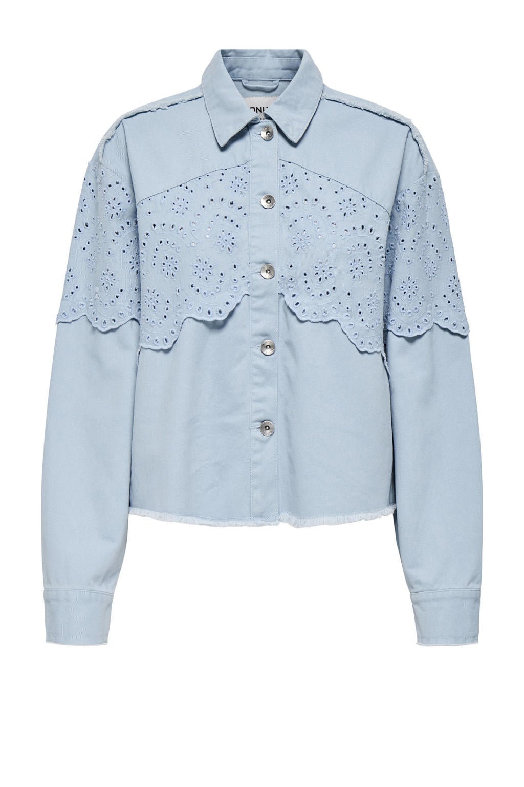 Lichtblauwe dames ONLY jack broderie van denim met effen, lange mouwen, klassieke kraag en knoopsluiting