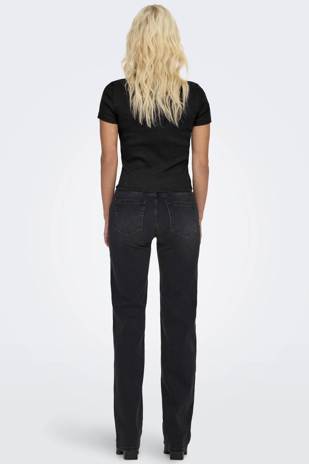 Zwarte dames ONLY T-shirt van katoen met effen, korte mouwen en ronde hals