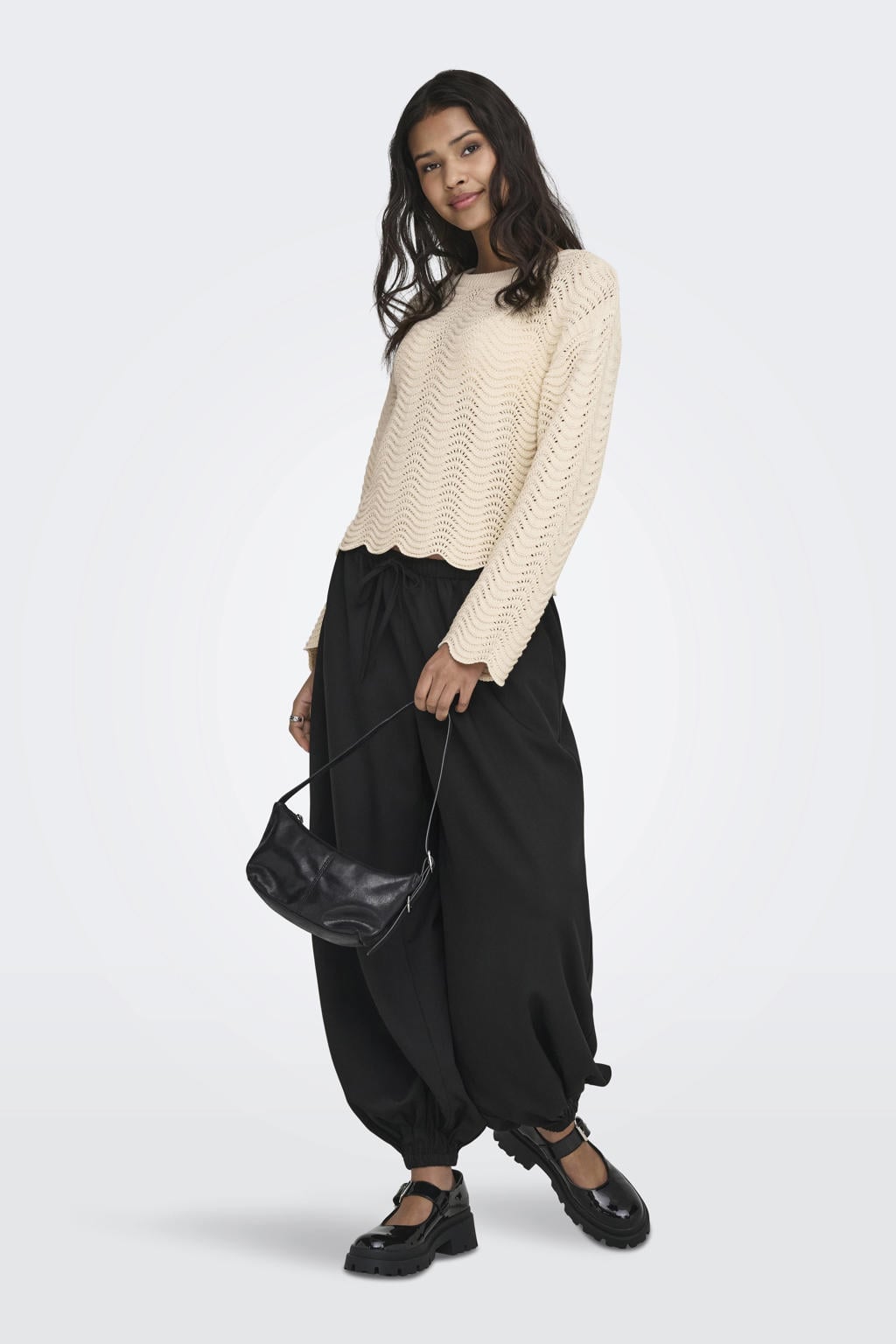 Crème dames ONLY pullover ajour van katoen met effen, lange mouwen en ronde hals