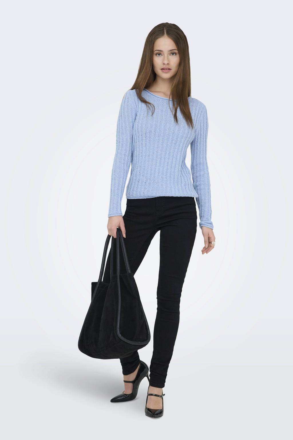 Lichtblauwe dames ONLY pullover gebreid van acryl met effen, lange mouwen en boothals