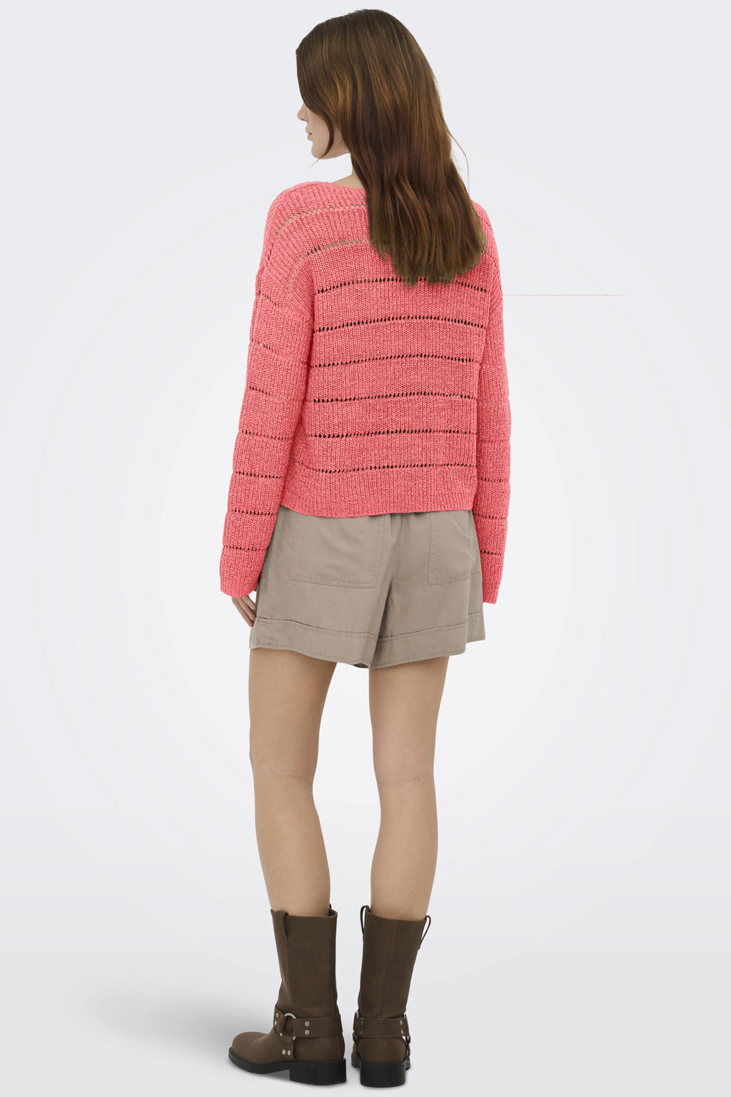 Roze dames ONLY trui gebreid van acryl met effen, lange mouwen en V-hals