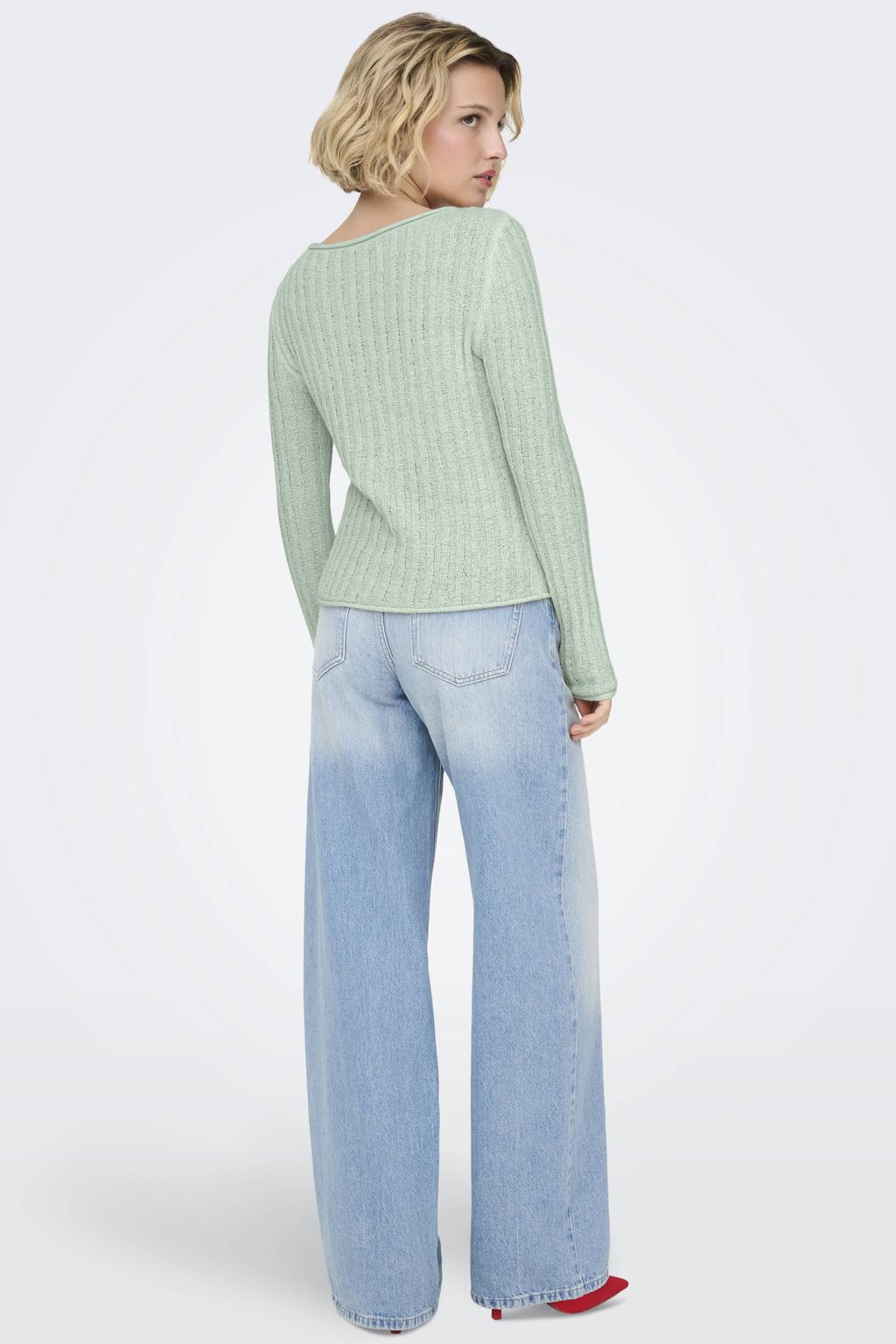Lichtgroene dames ONLY pullover gebreid van acryl met effen, lange mouwen en boothals