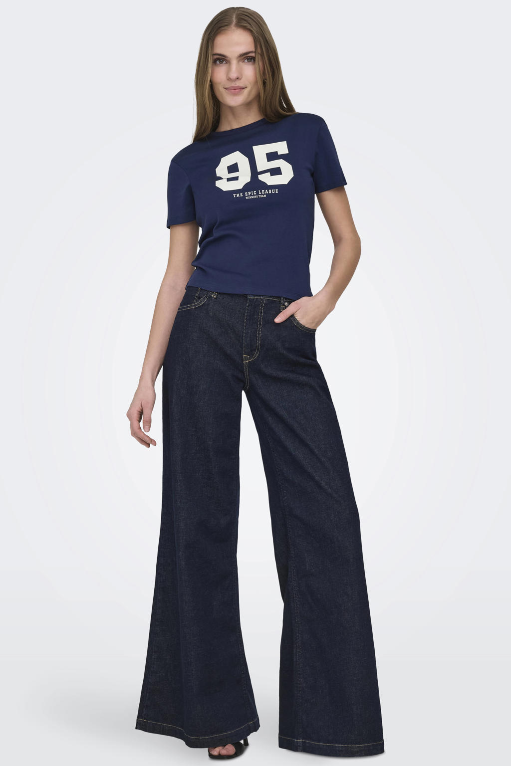 Donkerblauwe dames ONLY T-shirt van katoen met printopdruk, korte mouwen en ronde hals
