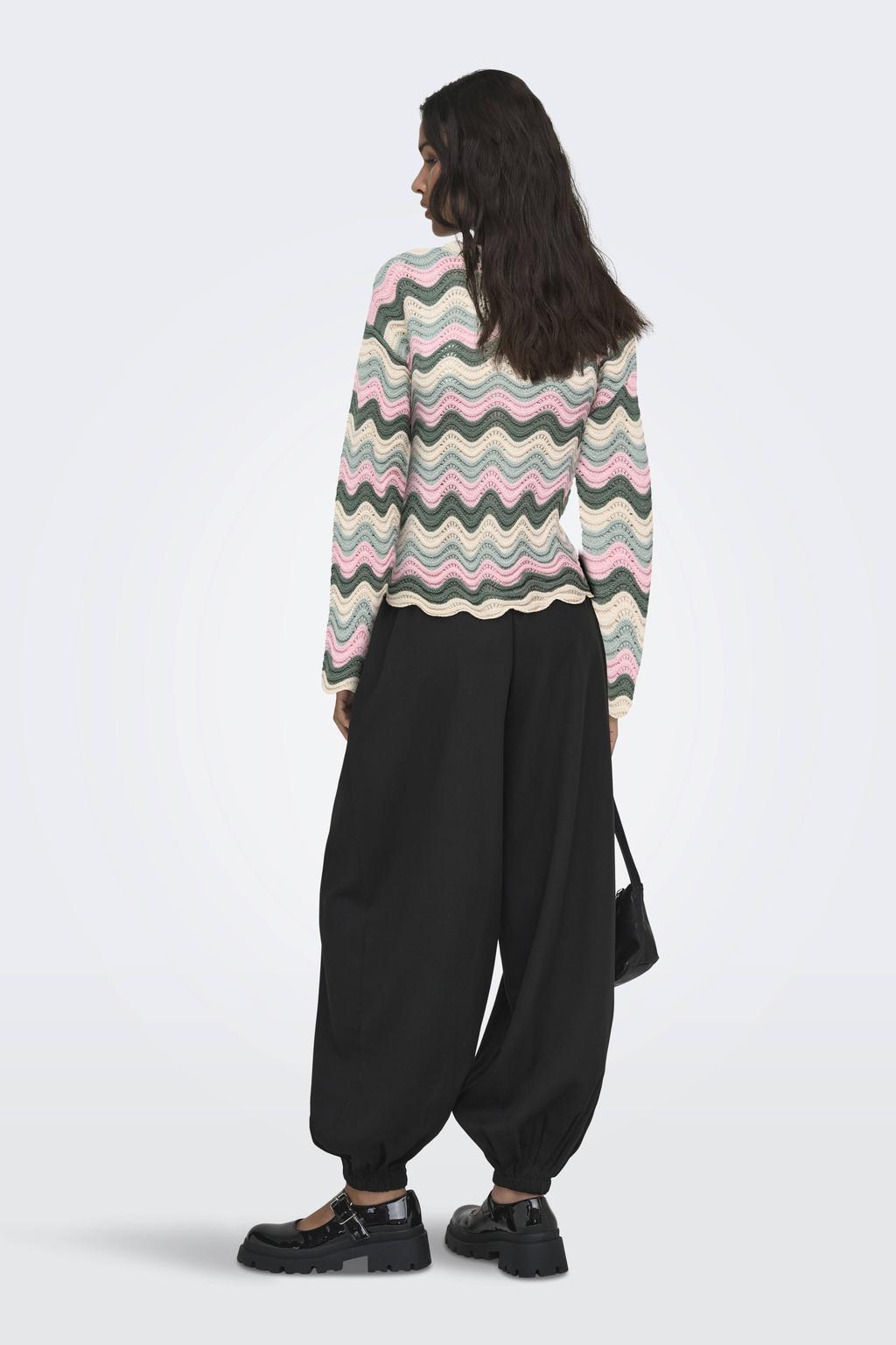 Roze, grijs en ecru dames ONLY pullover ajour van katoen met lange mouwen en ronde hals