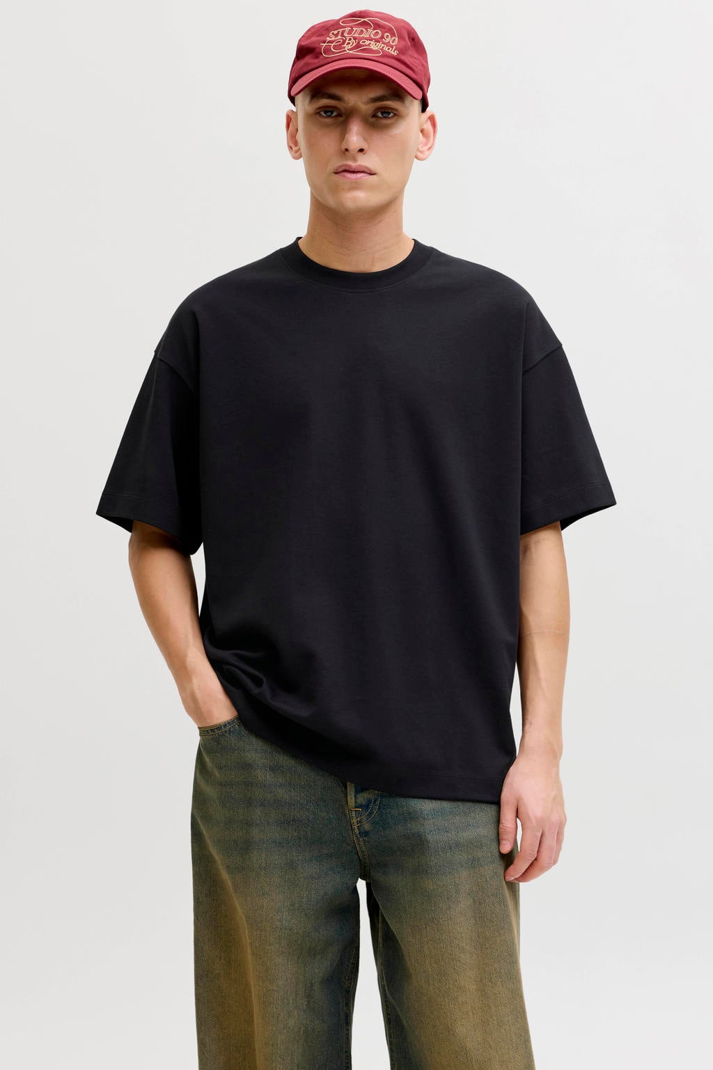 Zwarte heren JACK & JONES ESSENTIALS oversized T-shirt van katoen met effen, korte mouwen en ronde hals