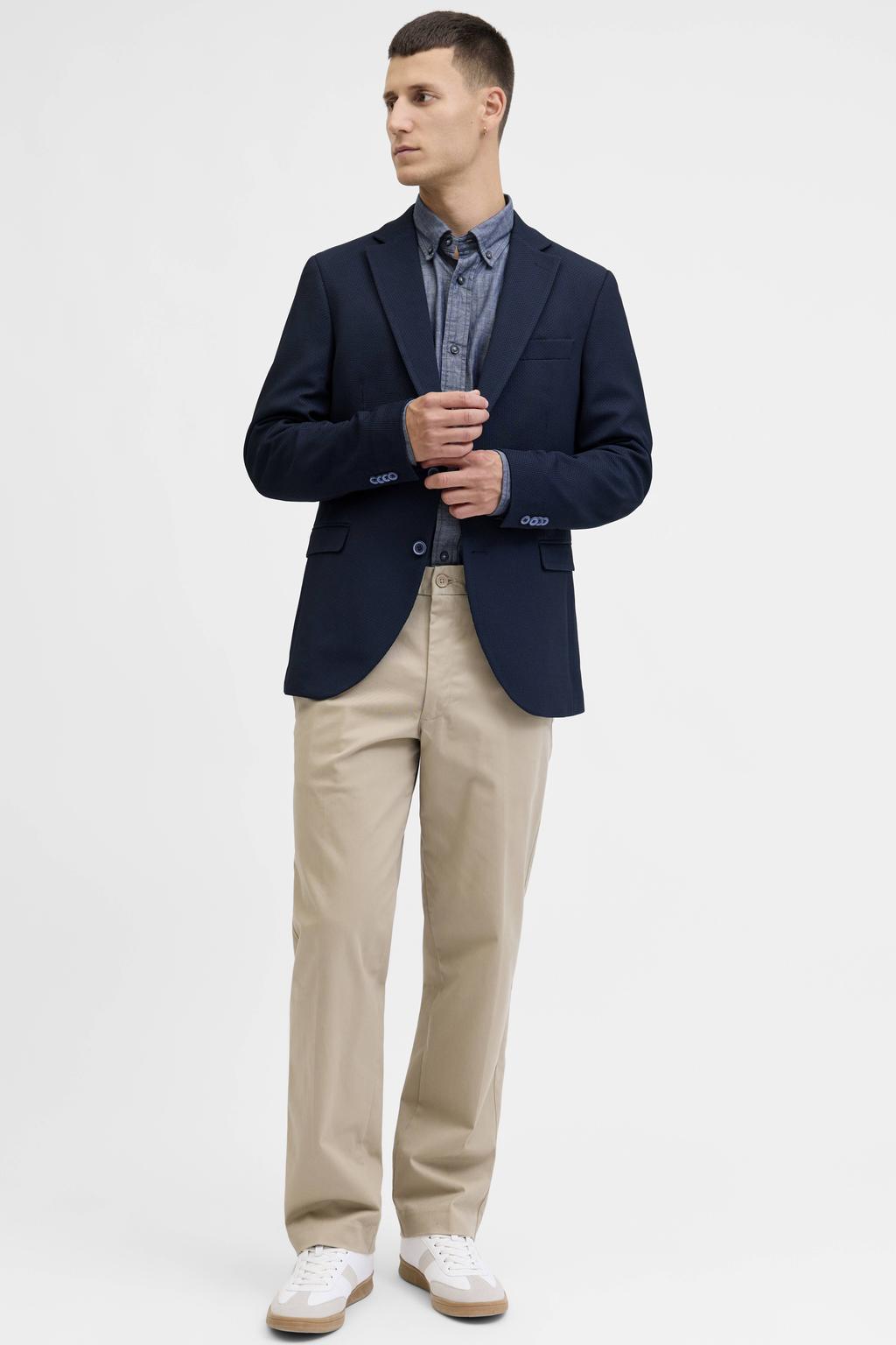 Donkerblauwe heren JACK & JONES PREMIUM colbert van polyester met effen, reverskraag, knoopsluiting en textuur