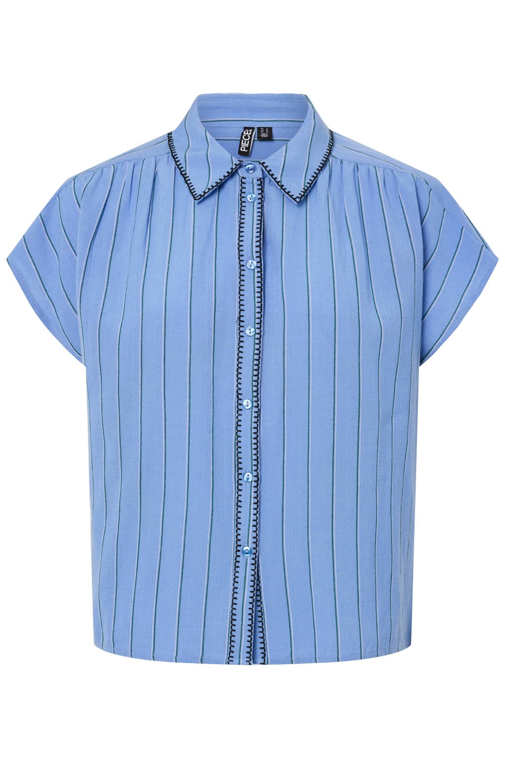 Blauwe dames PIECES Curve gestreepte blouse van viscose met korte mouwen, klassieke kraag en knoopsluiting