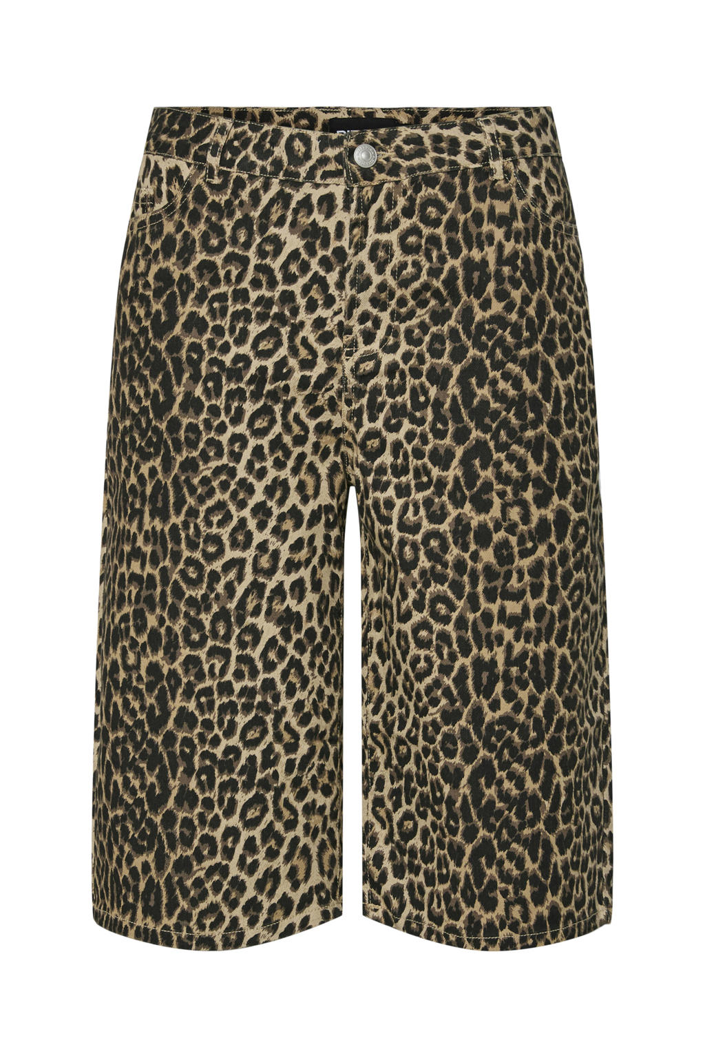 Bruine dames PIECES Curve regular high waist short van katoen met rits- en knoopsluiting en panterprint