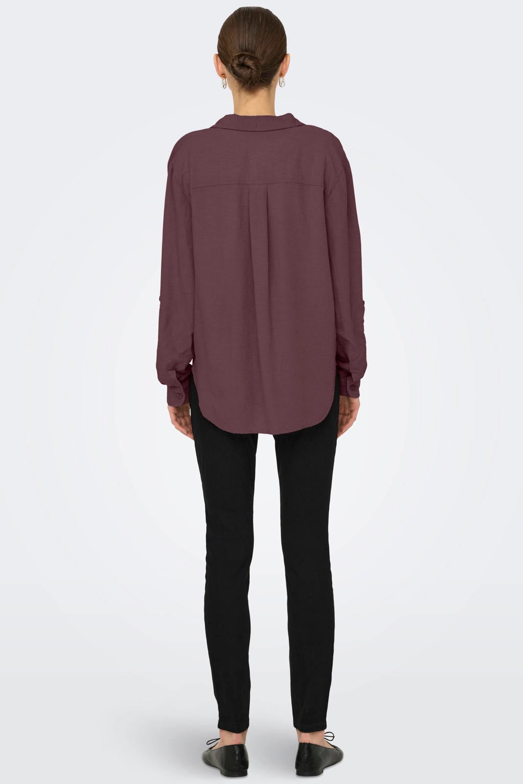 Donkerpaarse dames JDY blouse van modal met effen, lange mouwen, klassieke kraag, knoopsluiting en geweven detail