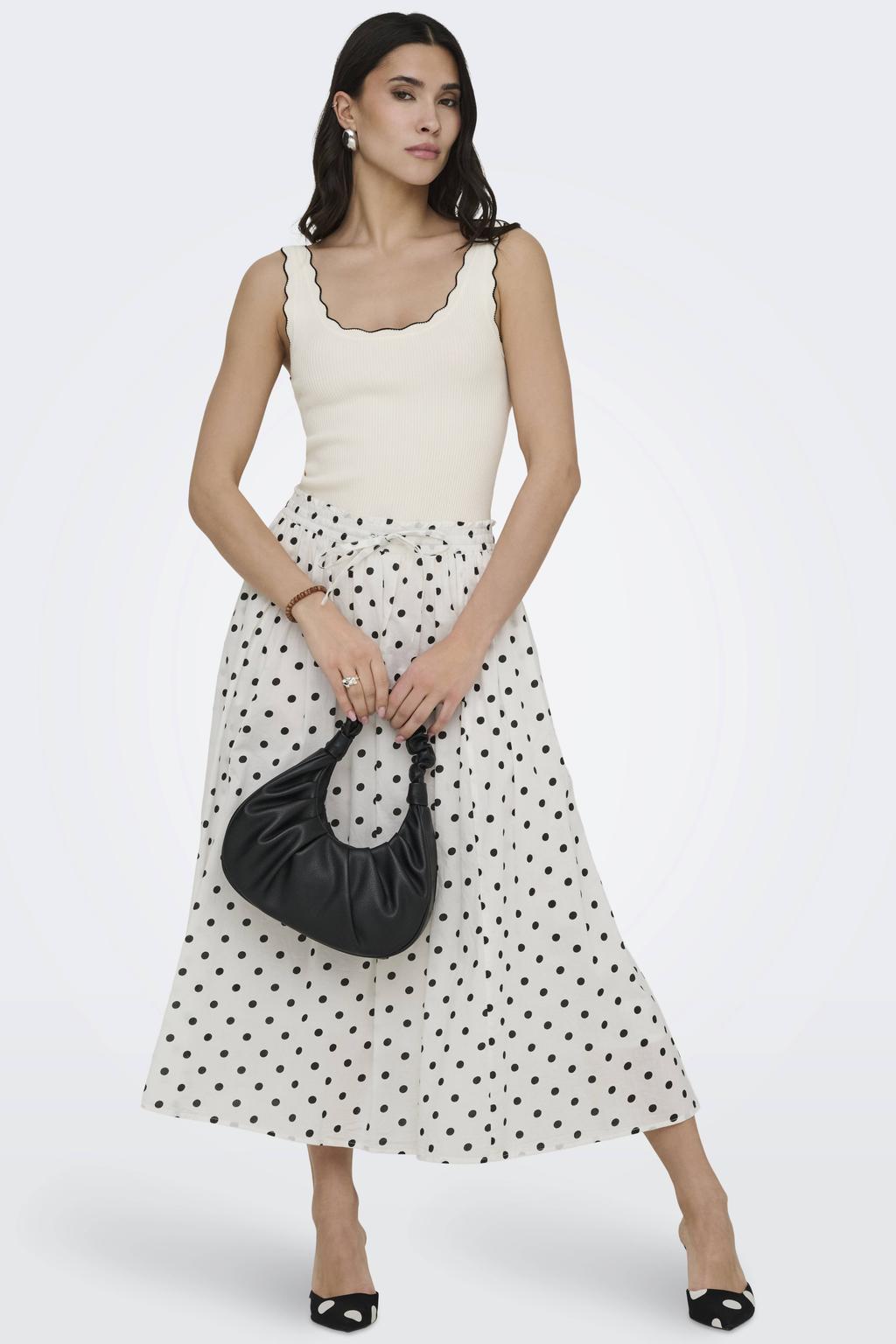 Ecru en zwarte dames JDY mouwloze top van viscose met effen, ronde hals en contrast stiksels