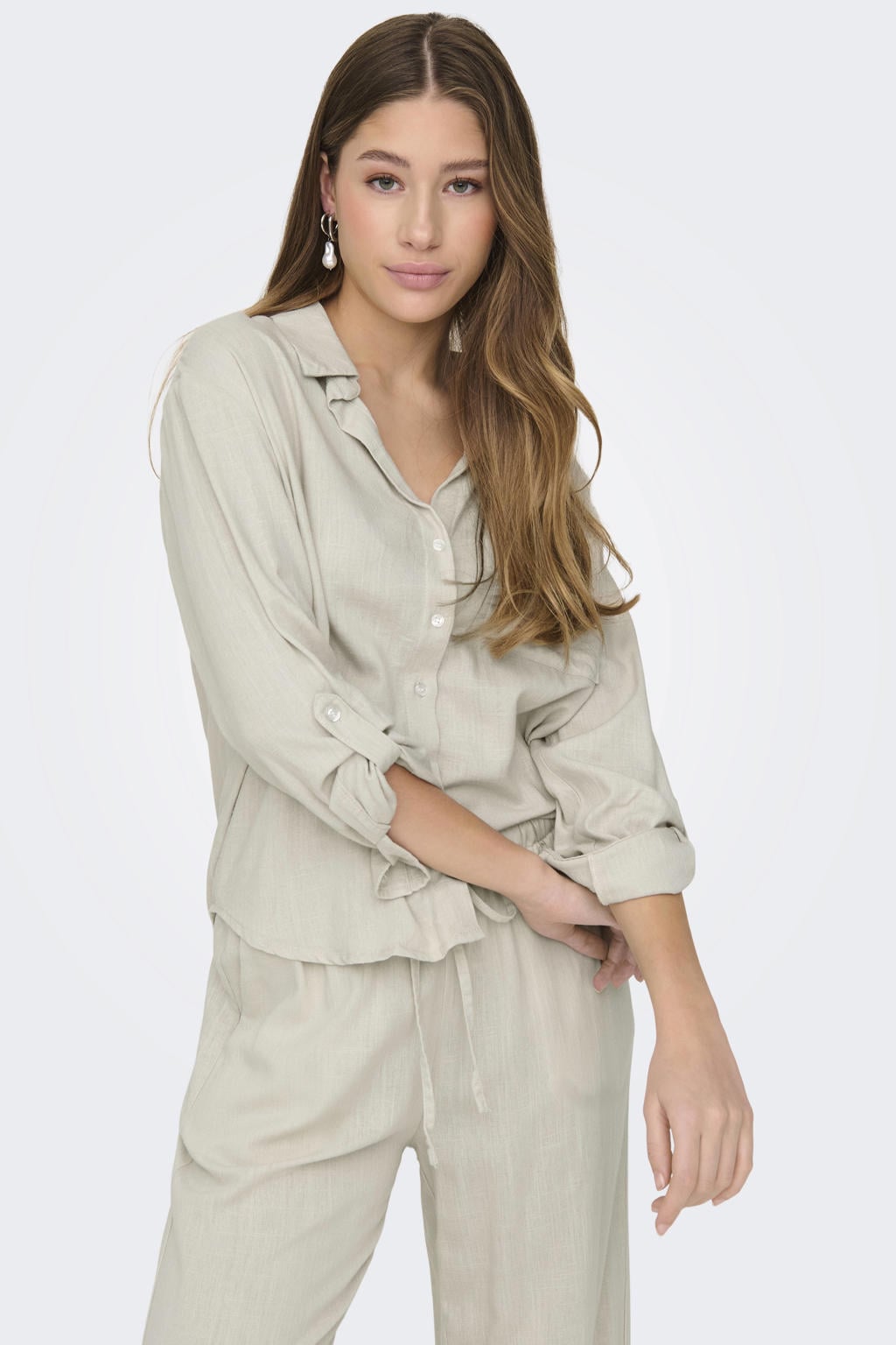 Taupe dames JDY blouse van modal met effen, lange mouwen, klassieke kraag, knoopsluiting en geweven detail