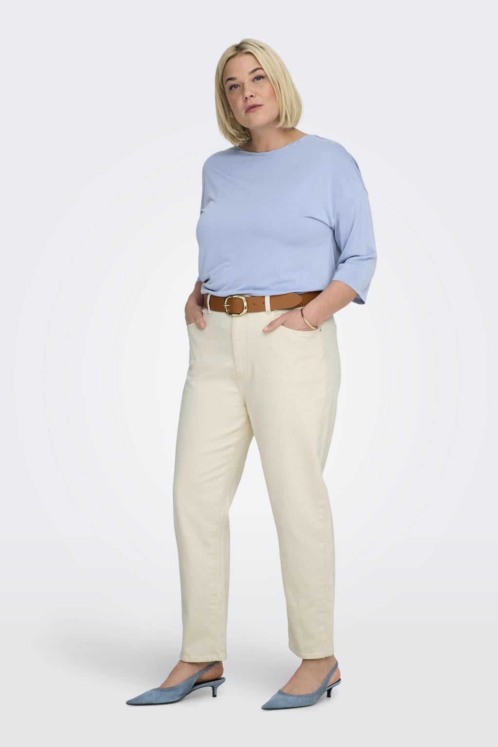 Ecru dames ONLY CARMAKOMA Caremily Stretch Hw Straigt Ank Dnm straight leg jeans met effen