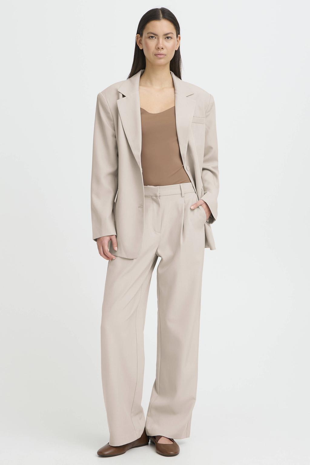 Ecru dames ICHI wide leg regular waist broek met rits- en haaksluiting en effen