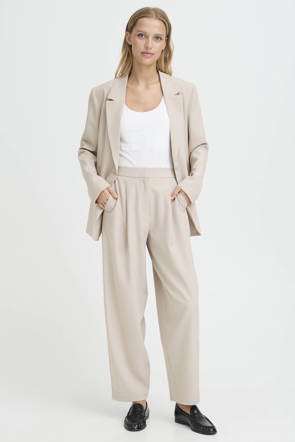 Ecru dames ICHI barrel regular waist pantalon van polyester met rits- en haaksluiting en effen