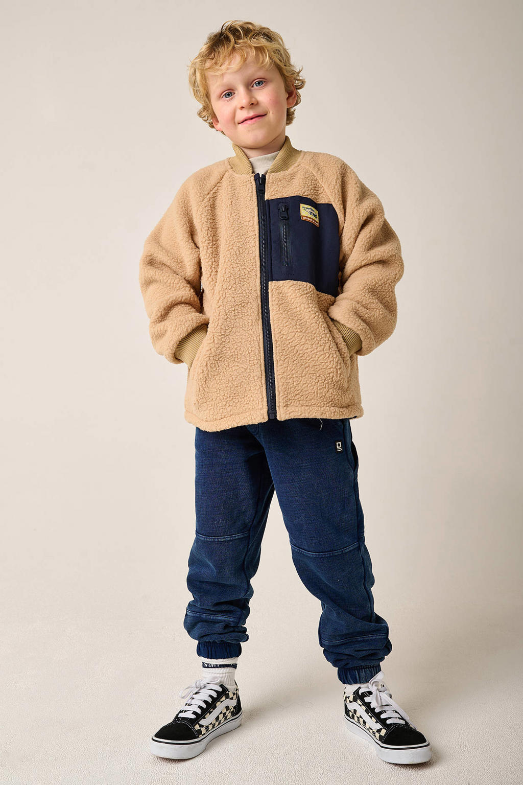 Beige en donkerblauwe jongens Tumble 'n Dry teddy jas van polyester met lange mouwen en ritssluiting
