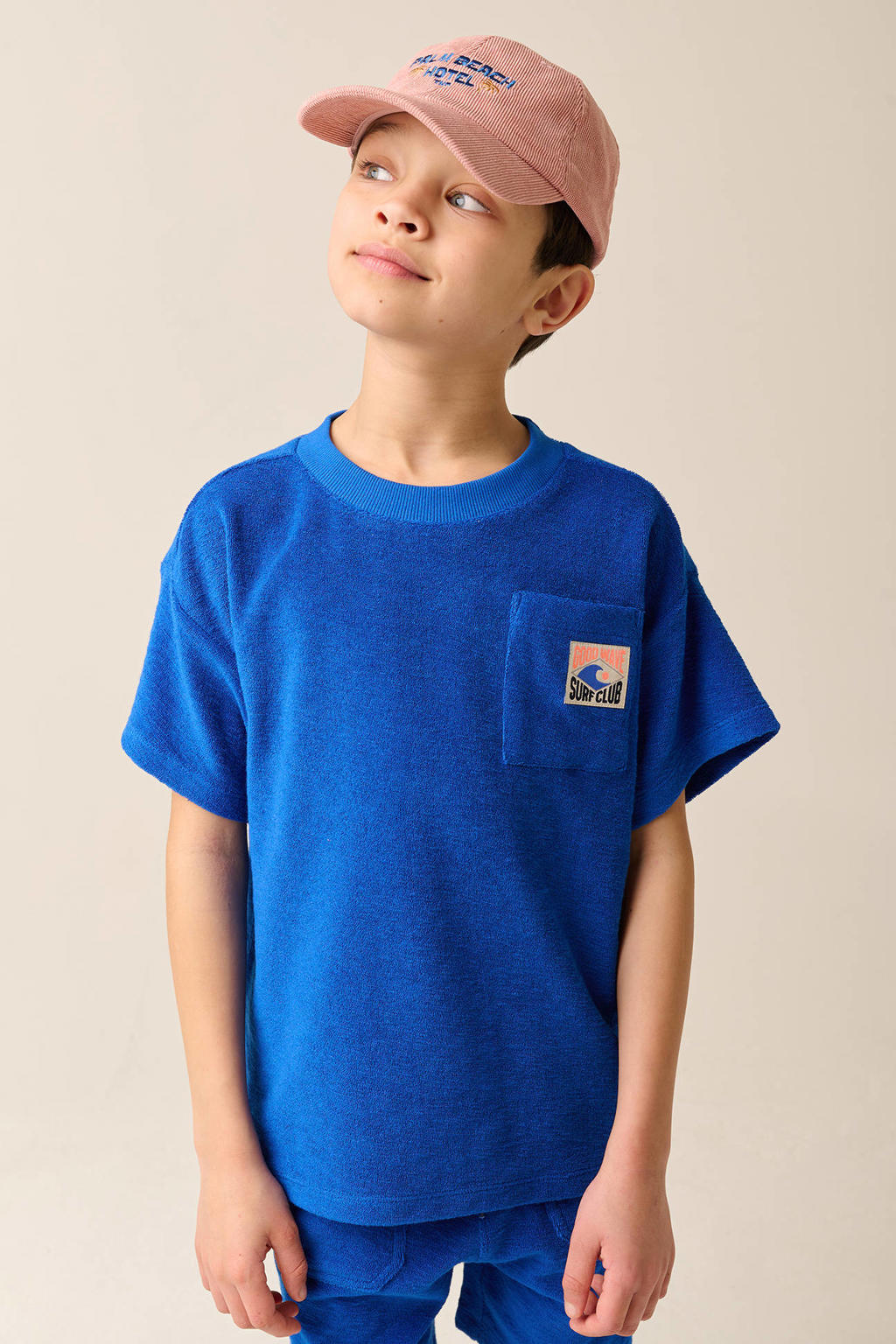 Blauwe jongens Tumble 'n Dry T-shirt met korte mouwen, ronde hals en patches