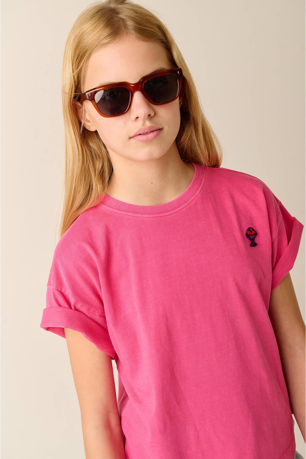 Roze meisjes Tumble 'n Dry T-shirt met korte mouwen, ronde hals en borduursels