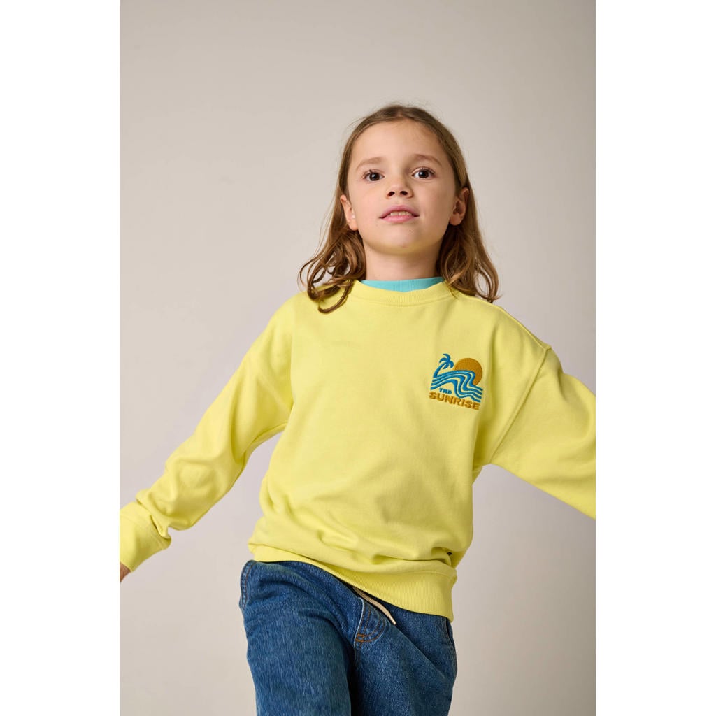 Gele jongens Tumble 'n Dry sweater met backprint, lange mouwen en ronde hals