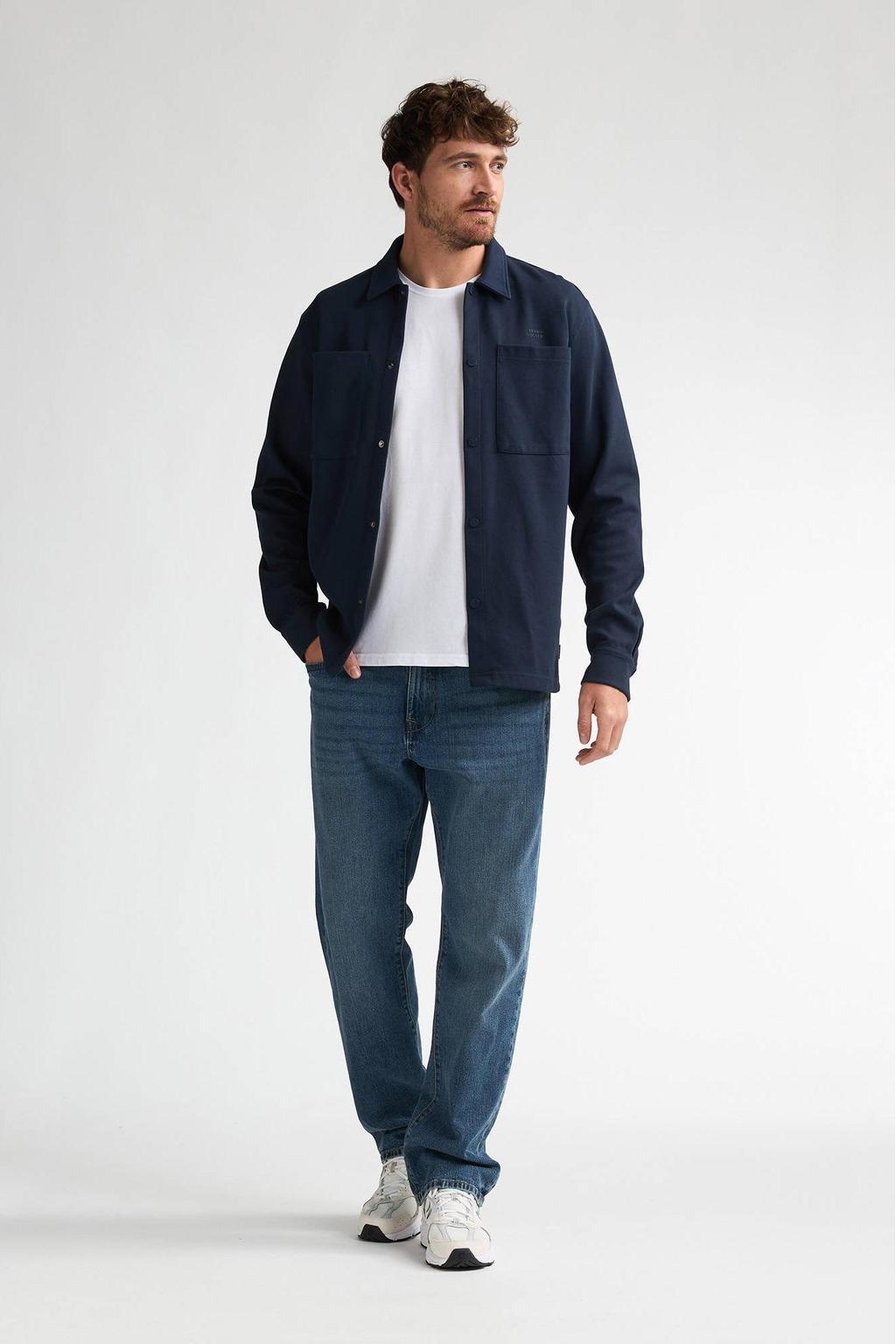 Donkerblauwe heren Petrol Industries regular casual overhemd van sweat materiaal met effen, lange mouwen, klassieke kraag en drukknoopsluiting