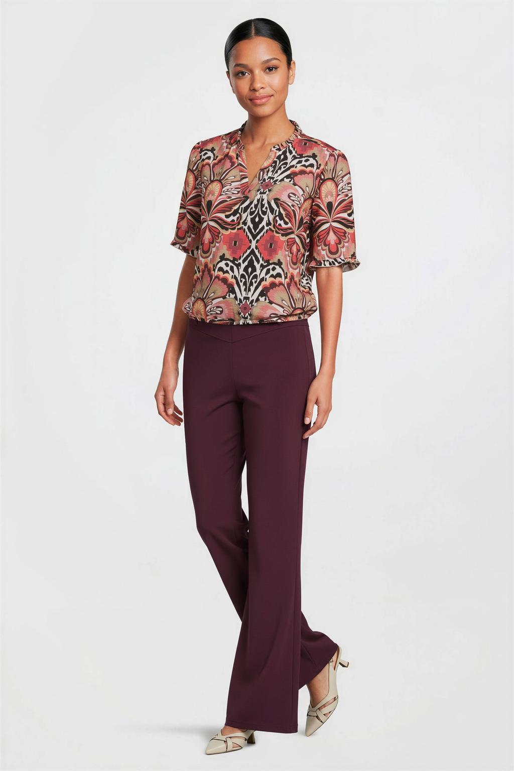 Multikleurige dames Dreamstar top van polyester met korte mouwen en V-hals