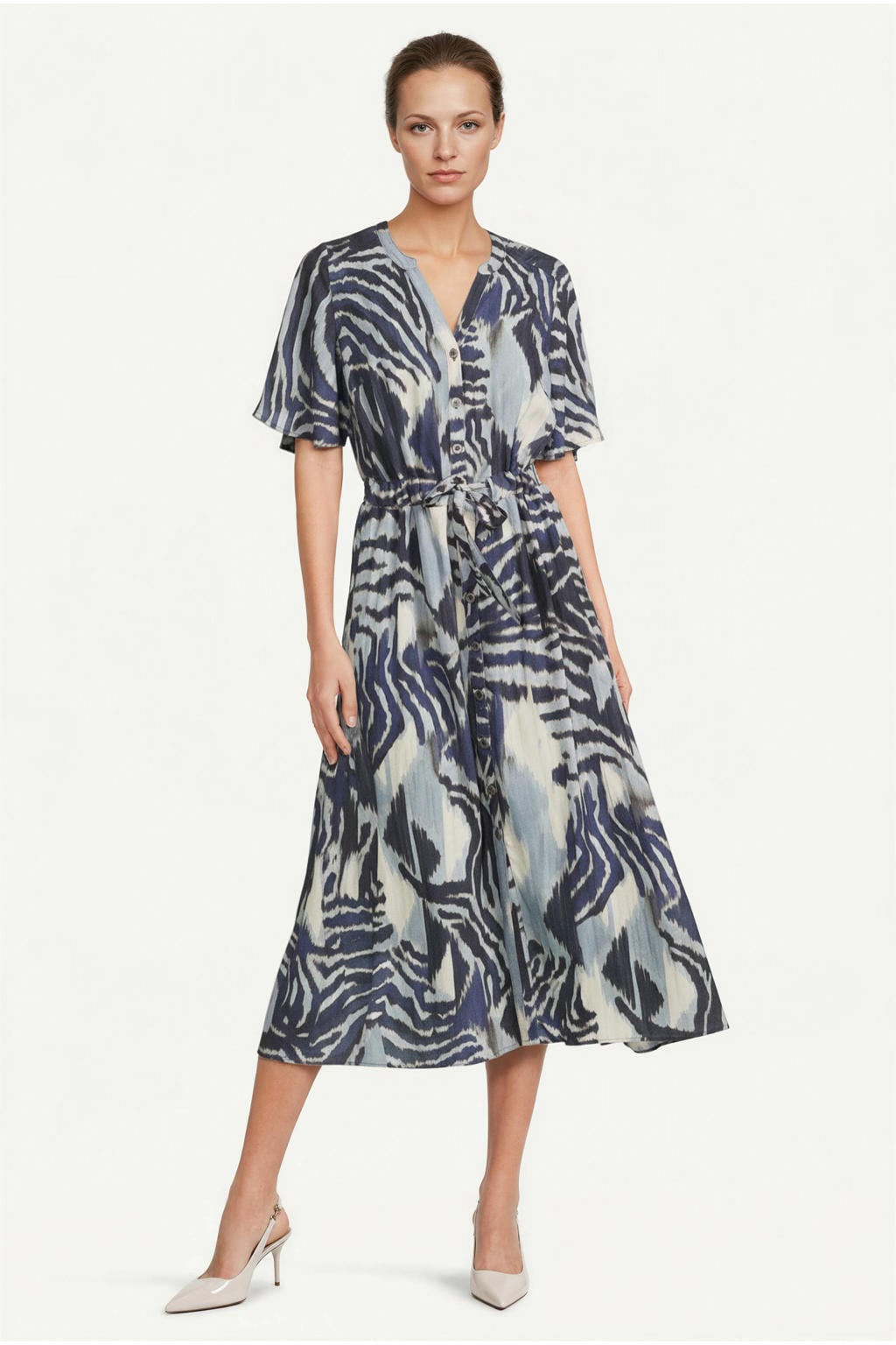 Blauwe dames Dreamstar midi jurk van viscose met half lange mouwen, V-hals en knoopsluiting