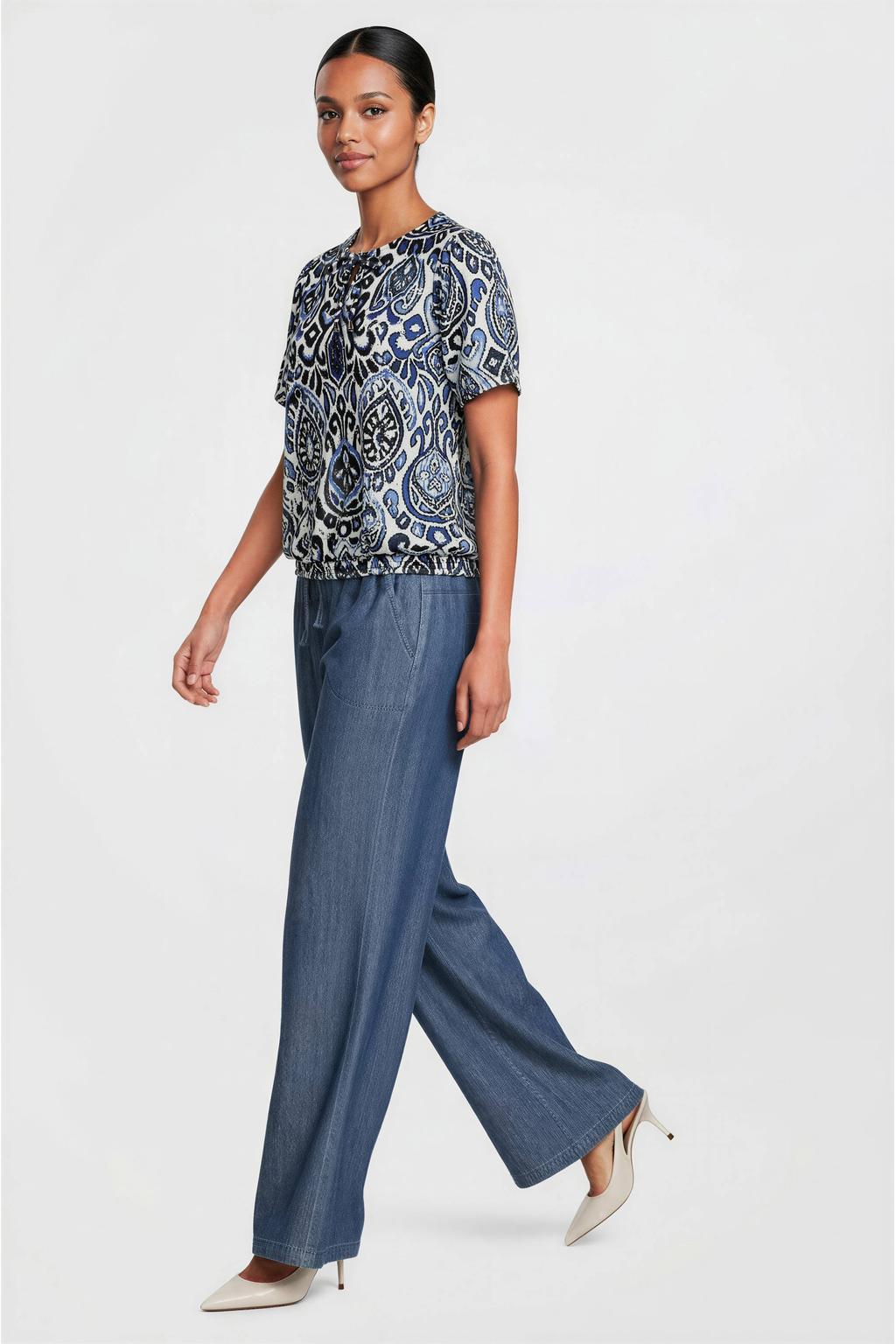 Blauwe dames Dreamstar top van polyester met korte mouwen en strikkraag