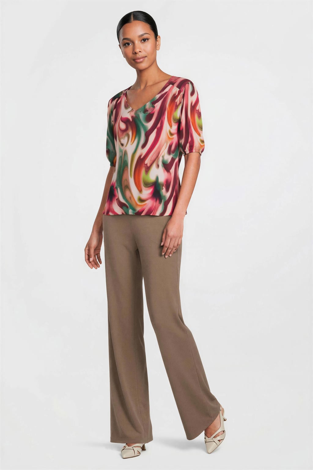 Multikleurige dames Dreamstar top van viscose met korte mouwen en V-hals