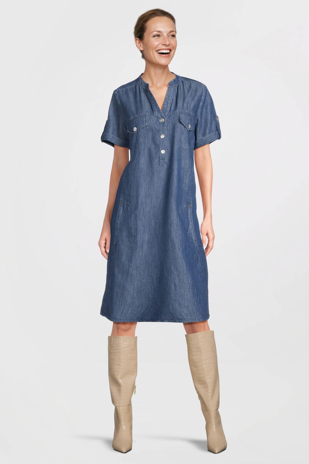 Medium blue denim dames Dreamstar spijkerjurk van katoen met effen, korte mouwen en V-hals