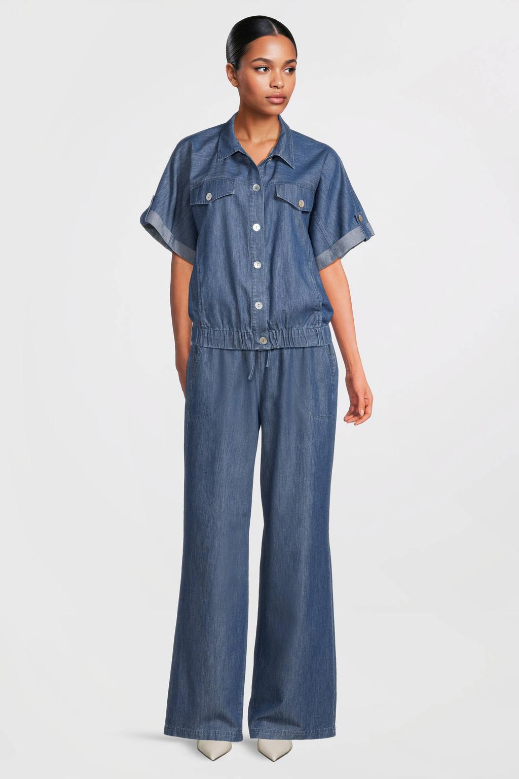 Medium blue denim dames Dreamstar regular waist broek van katoen met loose fit, elastische tailleband met koord en effen