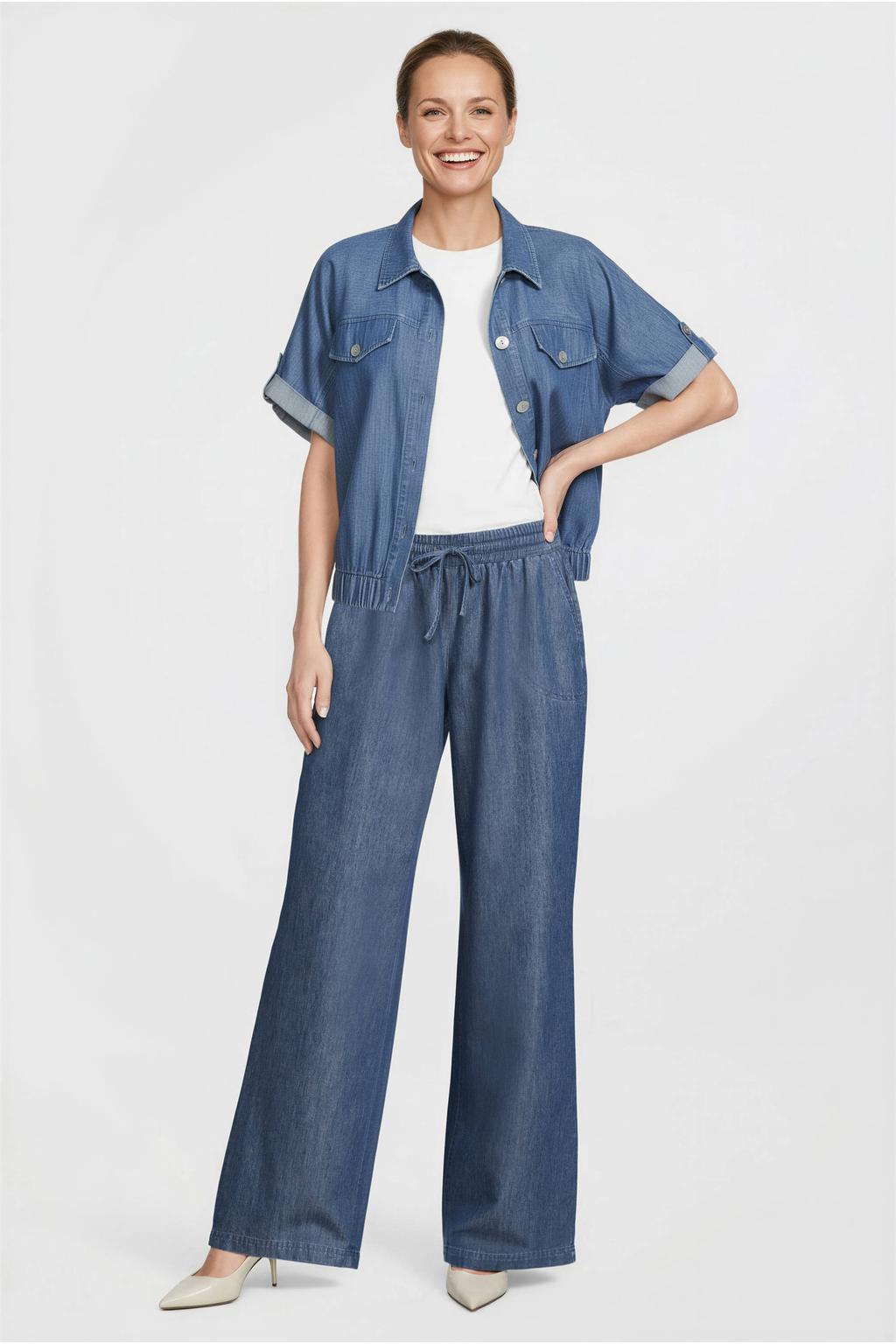 Medium blue denim dames Dreamstar blouse van katoen met effen, korte mouwen, klassieke kraag, knoopsluiting en elastische boord