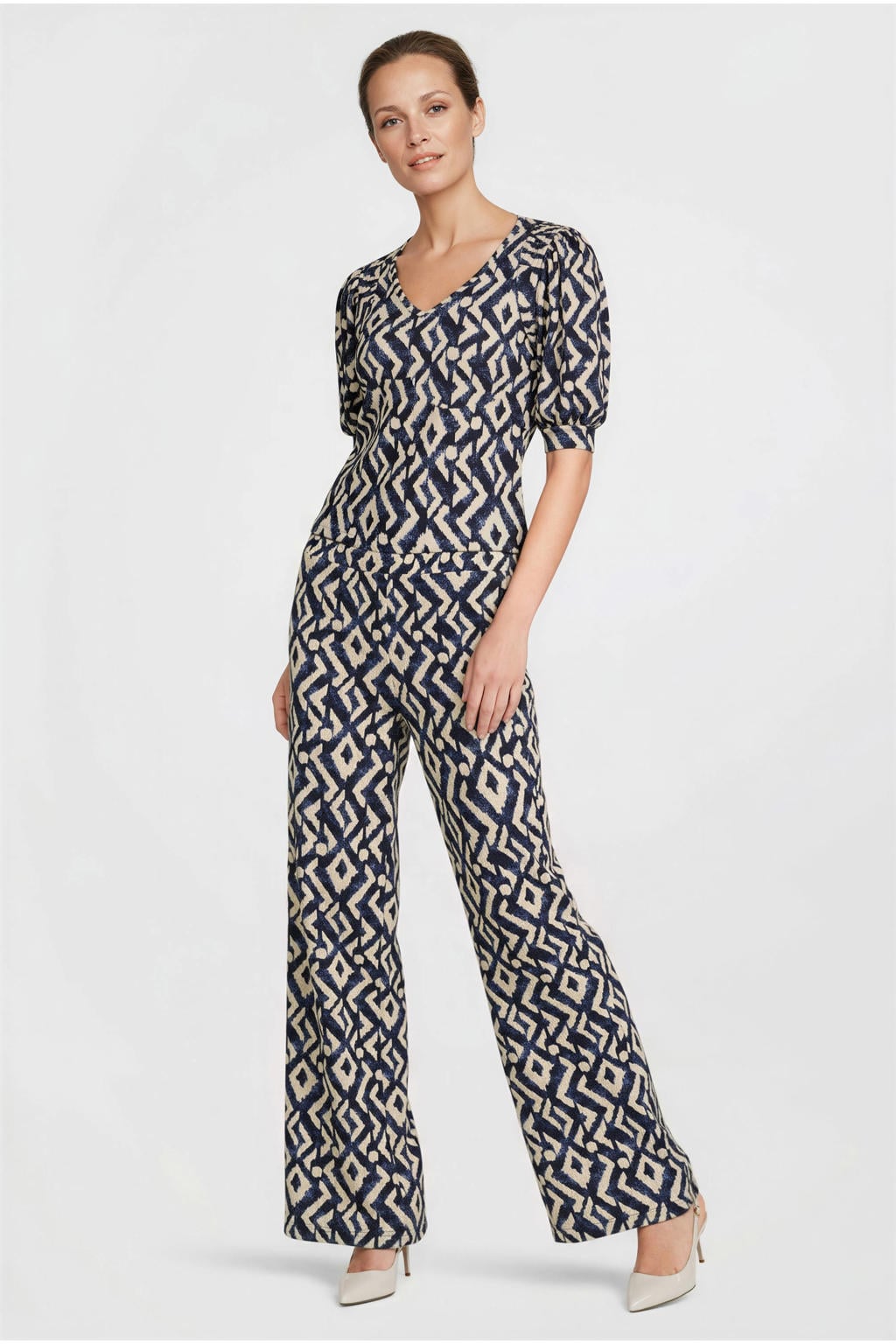 Donkerblauwe dames Dreamstar top van polyester met grafische print, half lange mouwen en V-hals