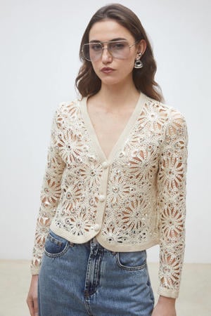 gebloemde gebreid vest beige met pailletten