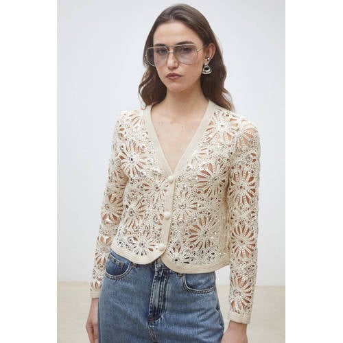 Suncoo gebloemde gebreid vest beige met pailletten afbeelding
