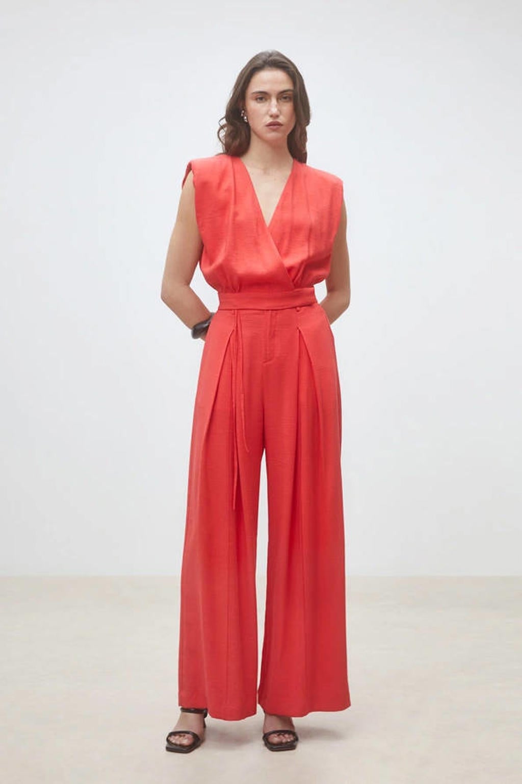 Rode dames Suncoo wide leg high waist broek van viscose met effen