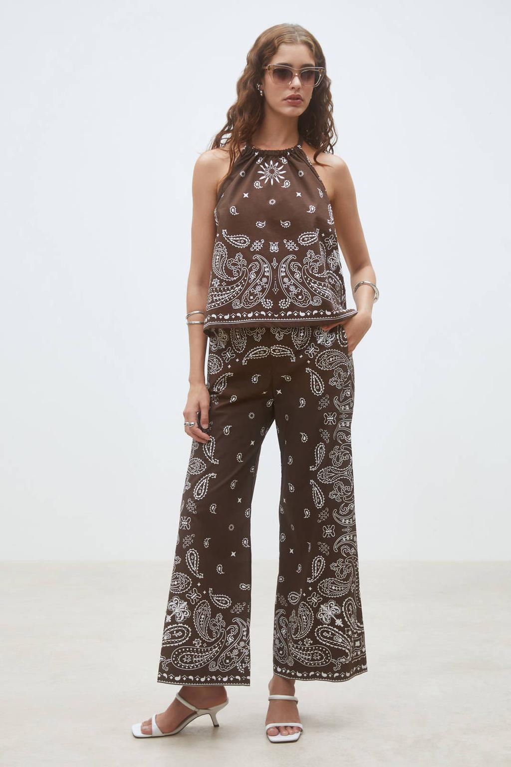 Bruin en witte dames Suncoo wide leg high waist broek print van katoen met elastische inzet