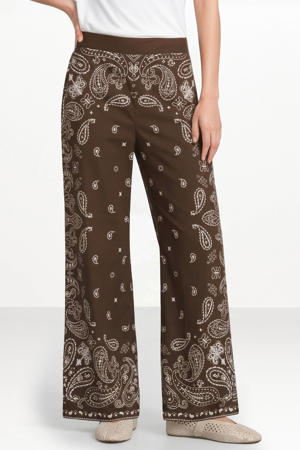 wide leg high waist broek met paisley print bruin