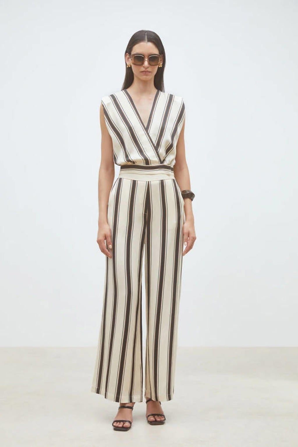 Creme, zwart en bruine dames Suncoo wide leg high waist gestreepte broek crème van viscose met elastische inzet