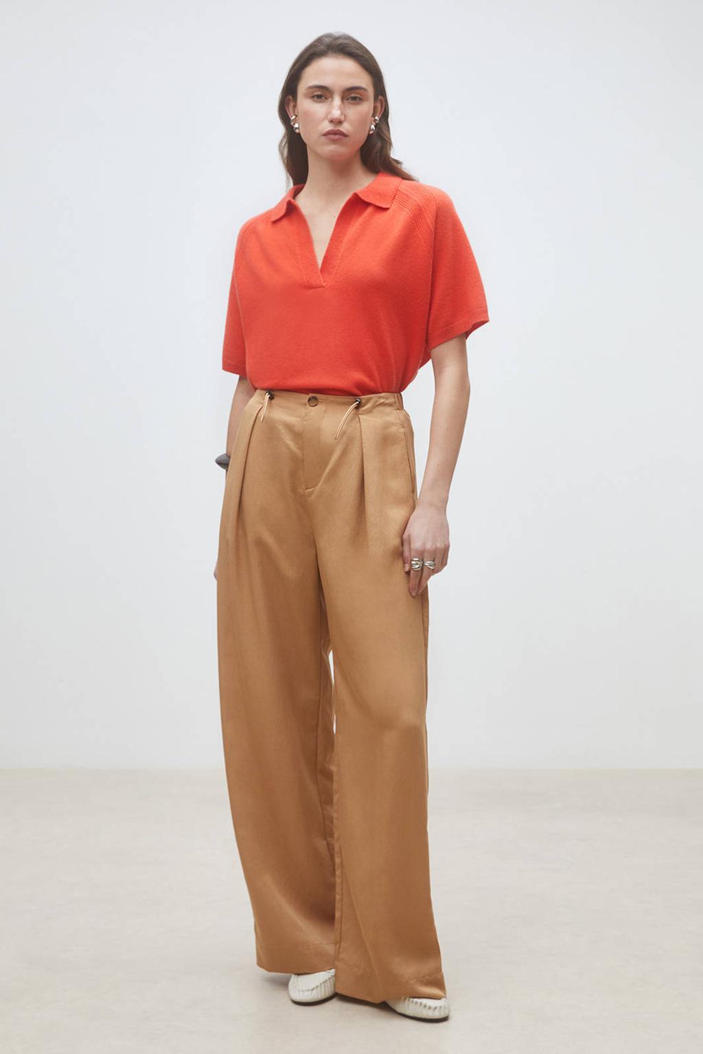 Camelkleurige dames Suncoo wide leg broek van lyocell met rits- en knoopsluiting en effen