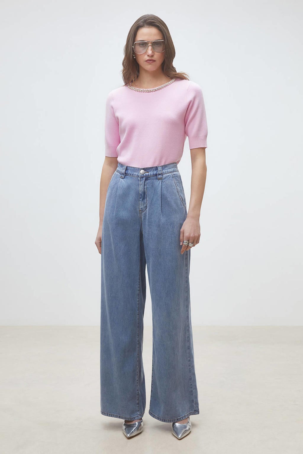 Light blue denim dames Suncoo high waist wide leg jeans van denim met rits- en knoopsluiting en effen