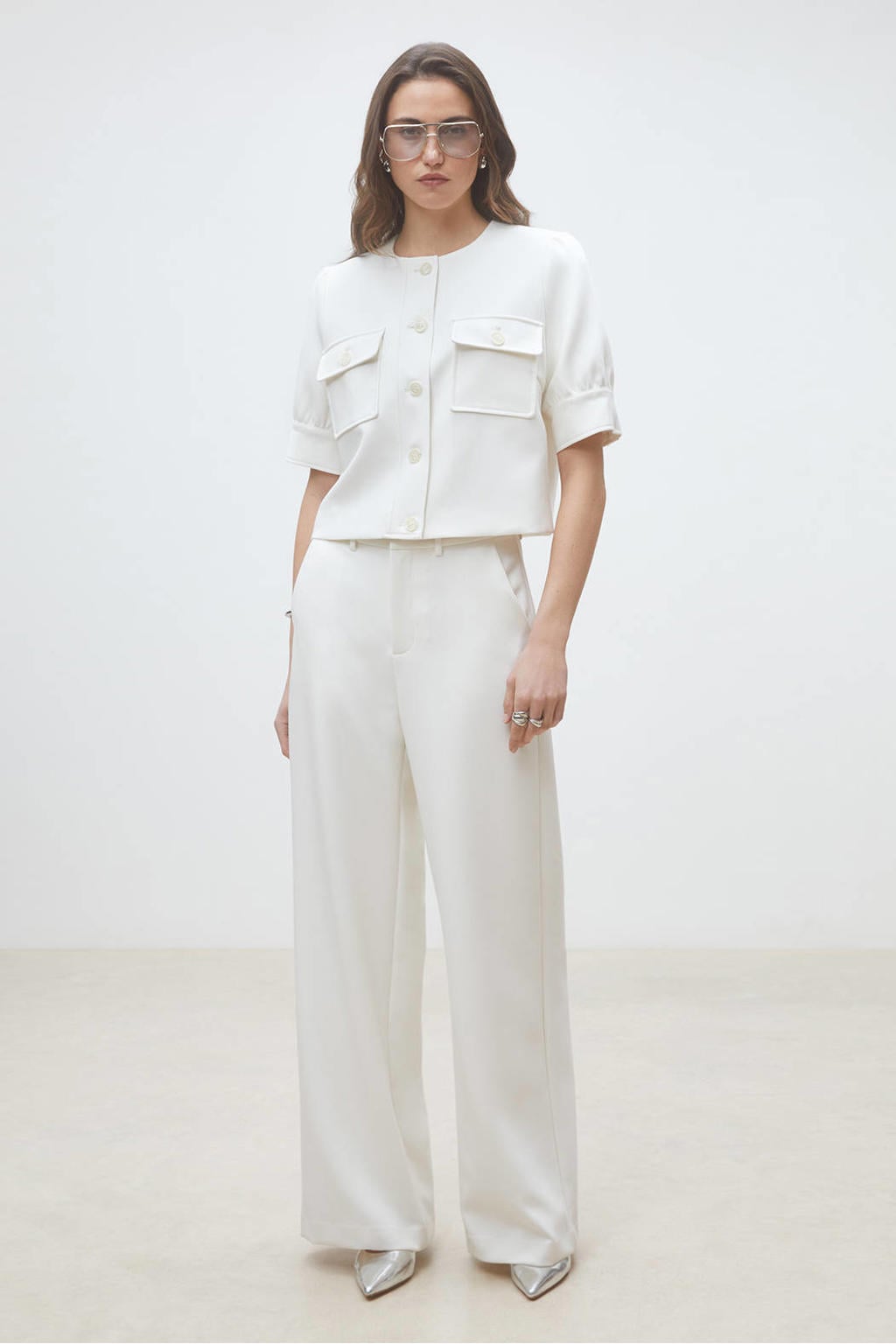 Ecru dames Suncoo wide leg high waist broek met haaksluiting en effen