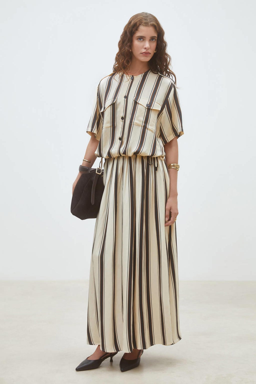 Creme, bruin en blauwe dames Suncoo gestreepte maxi rok crème gemaakt van viscose en met elastische tailleband