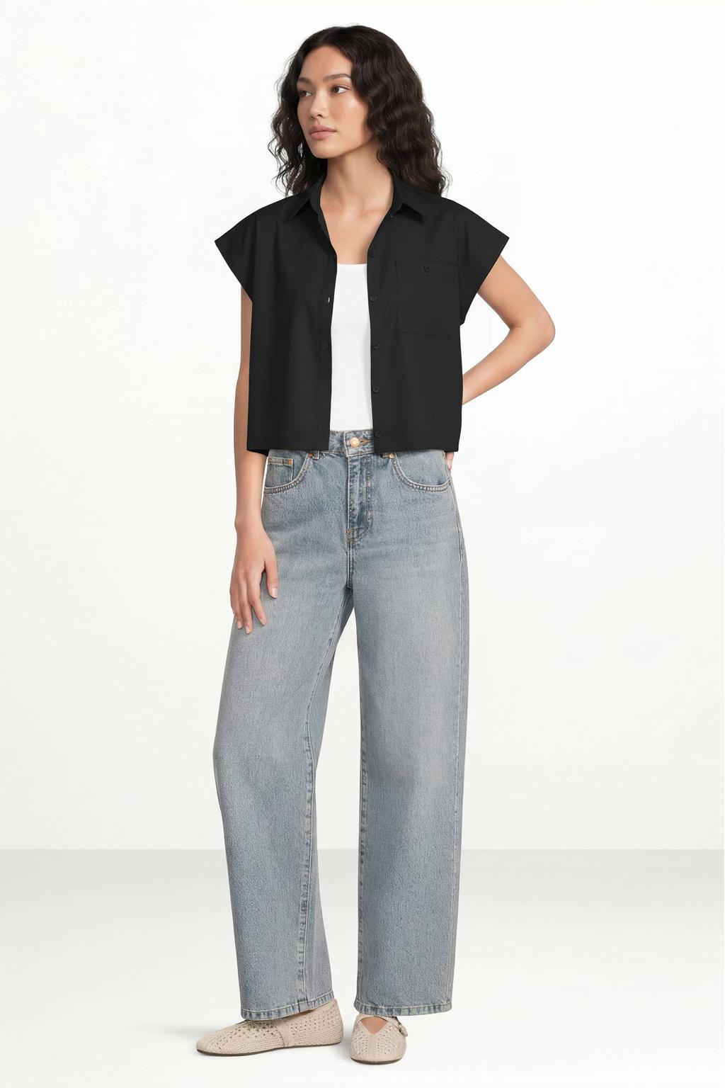 Zwarte dames Suncoo blouse van katoen met effen, korte mouwen, klassieke kraag en knoopsluiting