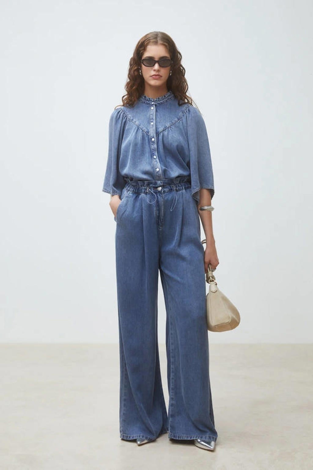 Medium blue denim dames Suncoo blouse van lyocell met effen, driekwart mouwen, klassieke kraag en knoopsluiting