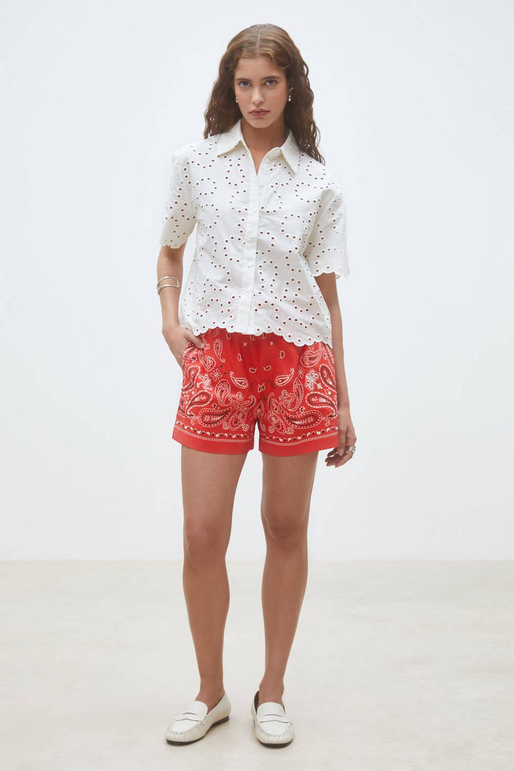 Rood en witte dames Suncoo high waist casual short print van katoen met loose fit, elastische tailleband met koord en paisley print