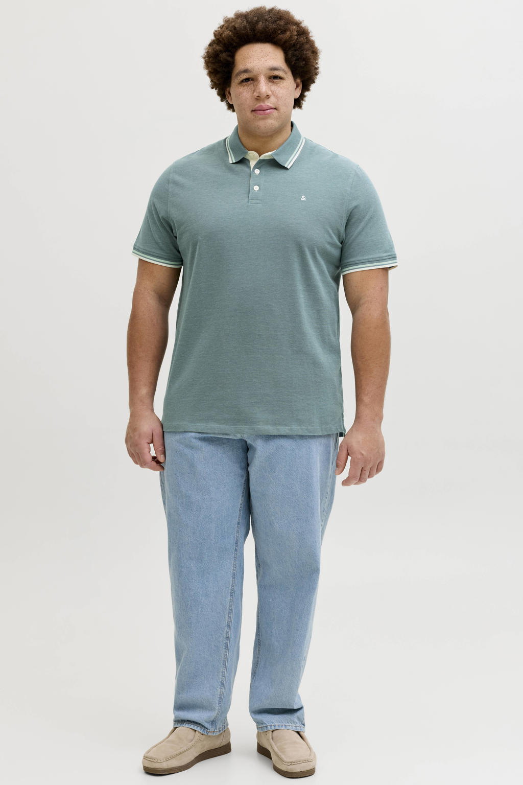 Groene heren JACK & JONES PLUS SIZE regular polo Plus Size van katoen met melée print, korte mouwen, knoopsluiting en pique