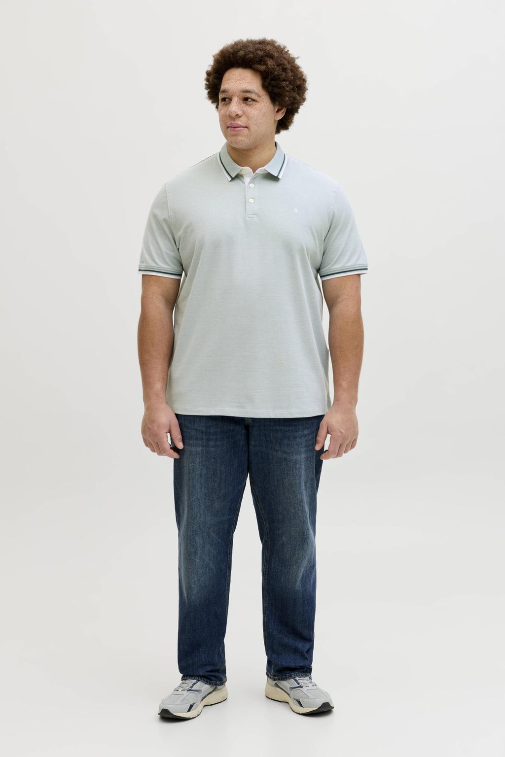 Mintgroene heren JACK & JONES PLUS SIZE regular polo Plus Size van katoen met melée print, korte mouwen, knoopsluiting en pique